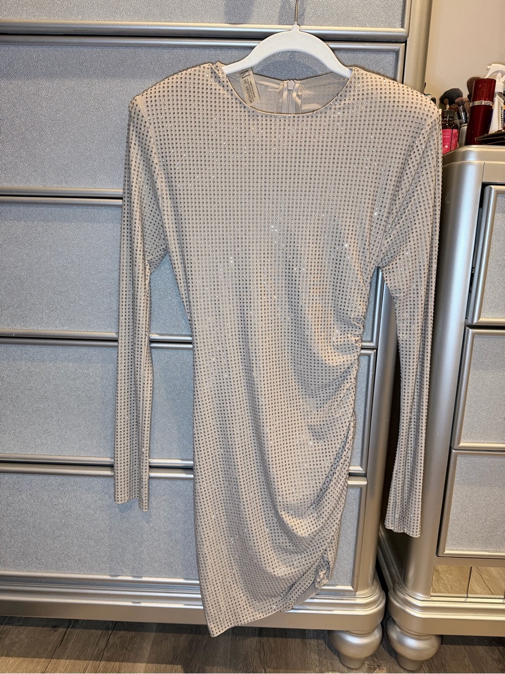 Long-Sleeve Silver Ruched Mini Dress